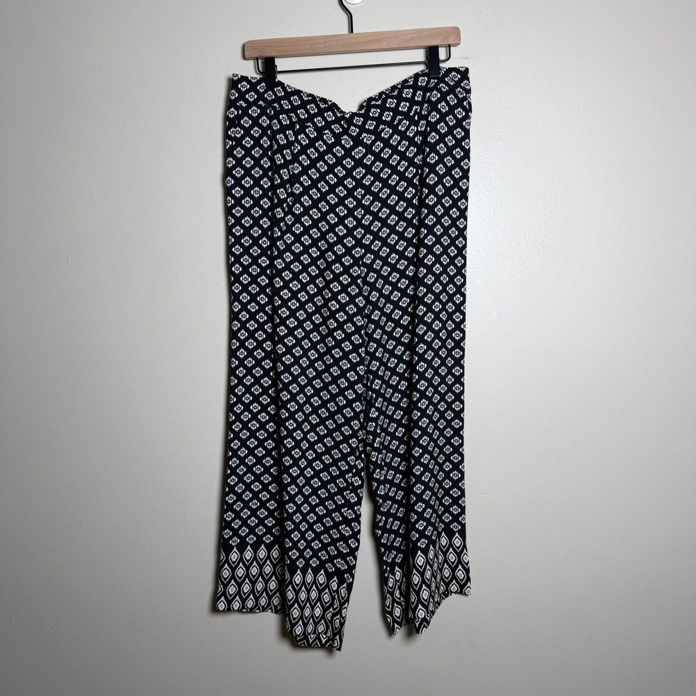 LOFT Womens Pants LP Black White Geometric Print Wide Leg Boho Resort Office